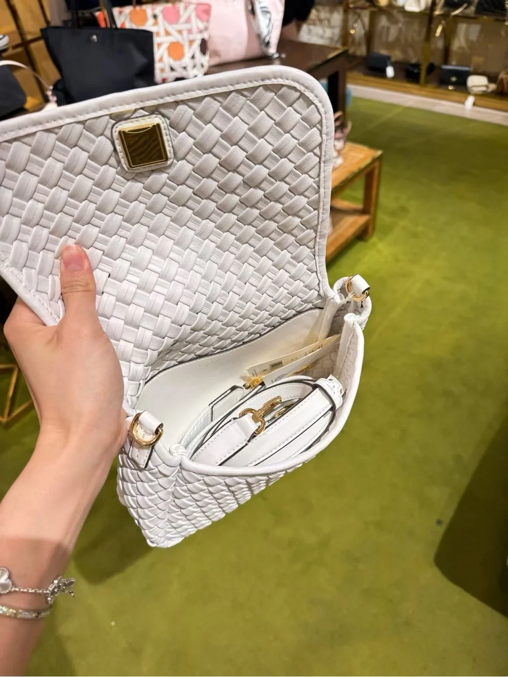 Tory Burch Thea Woven Leather Flap Crossbody in White NWT
